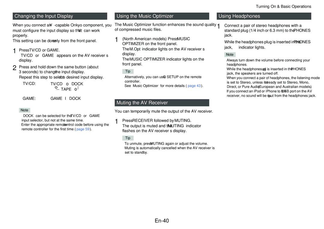 Onkyo HT-R758 En-40, Changing the Input Display, Using the Music Optimizer, Muting the AV Receiver, Using Headphones 