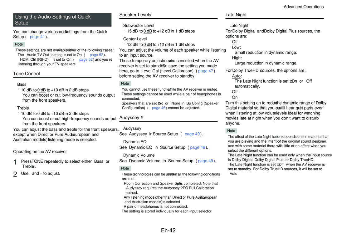 Onkyo HT-R758 instruction manual En-42, Using the Audio Settings of Quick Setup 