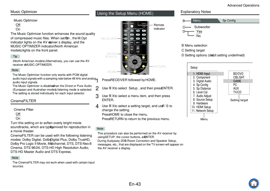 Onkyo HT-R758 instruction manual En-43, Using the Setup Menu Home, Music Optimizer, CinemaFILTER, Subwoofer 