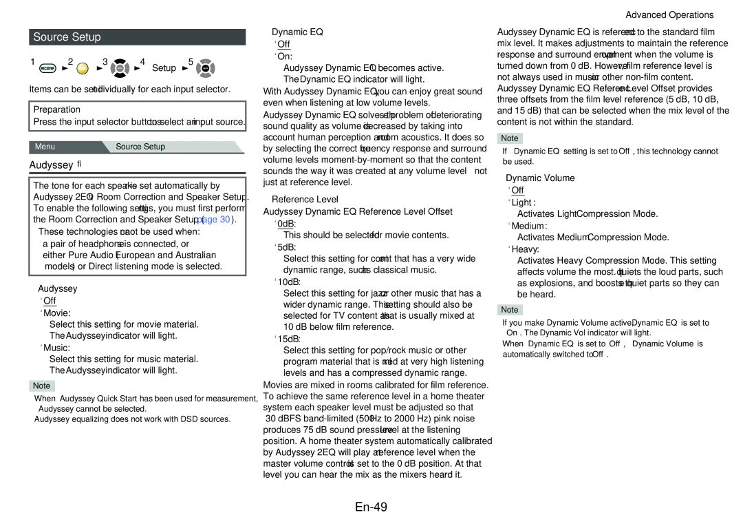 Onkyo HT-R758 instruction manual En-49, Source Setup, Reference Level 