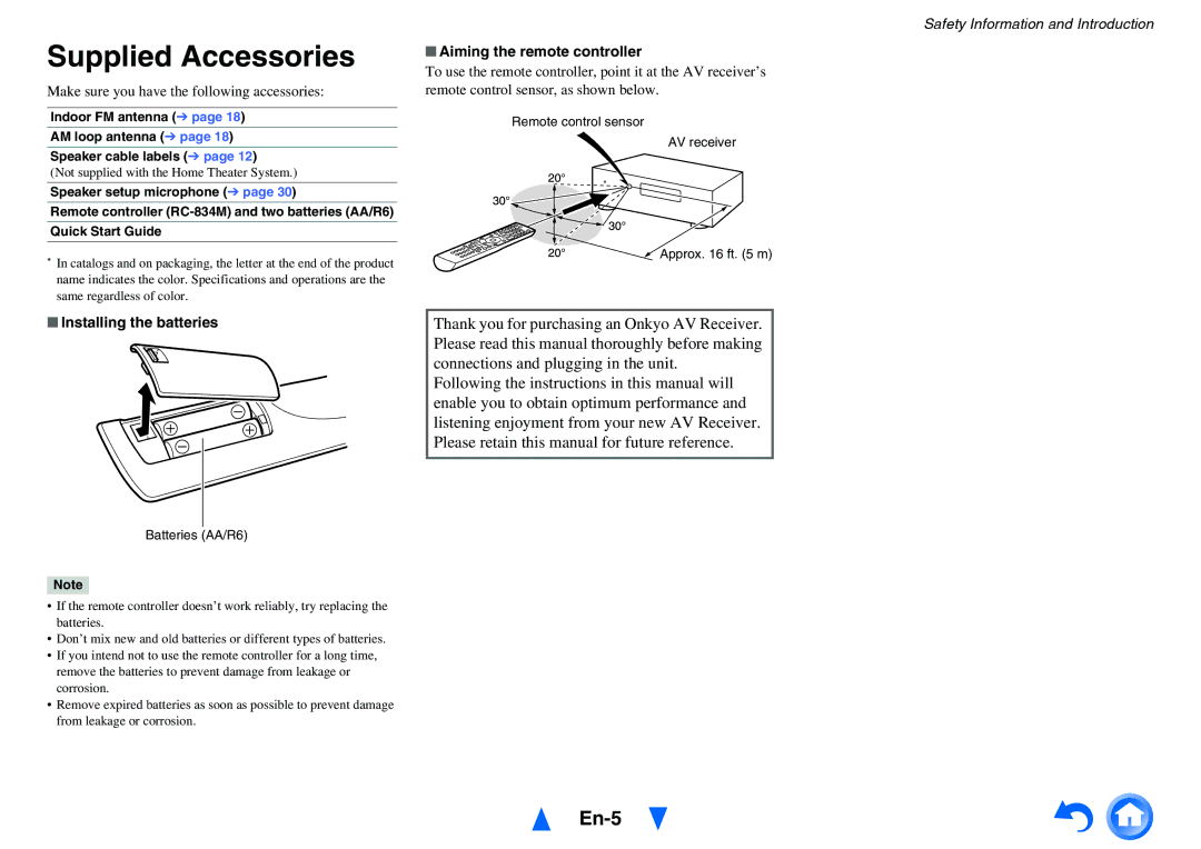 Onkyo HT-R758 Supplied Accessories, En-5, Make sure you have the following accessories, Installing the batteries 