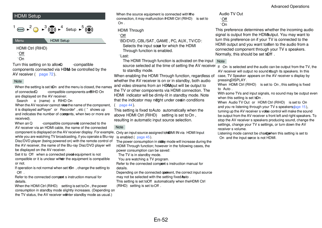 Onkyo HT-R758 instruction manual En-52, Hdmi Setup, Hdmi Ctrl Rihd, Hdmi Through, Audio TV Out 