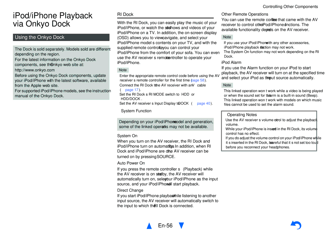 Onkyo HT-R758 instruction manual IPod/iPhone Playback via Onkyo Dock, En-56, Using the Onkyo Dock, RI Dock 