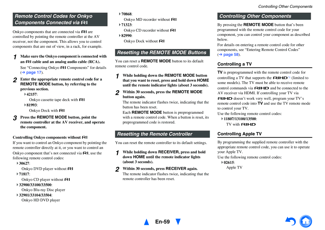 Onkyo HT-R758 En-59, Remote Control Codes for Onkyo Components Connected via u, Resetting the Remote Mode Buttons 