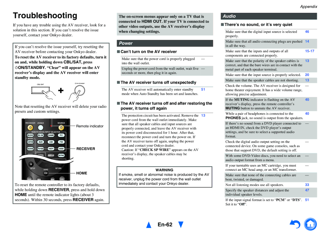 Onkyo HT-R758 instruction manual Troubleshooting, En-62, Power, Audio 