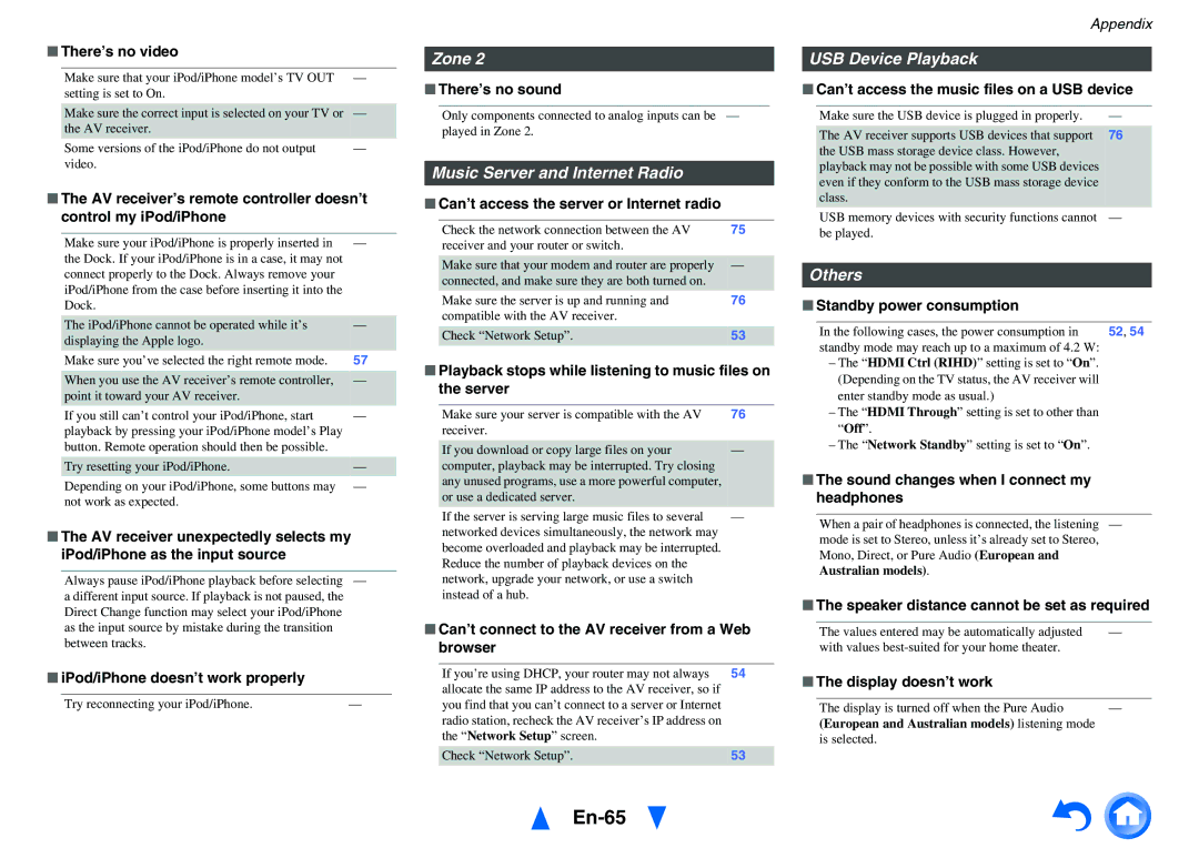 Onkyo HT-R758 instruction manual En-65, Zone, Music Server and Internet Radio, USB Device Playback, Others 