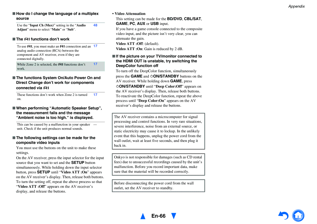 Onkyo HT-R758 En-66, How do I change the language of a multiplex source, Ufunctions don’t work, Video Attenuation 