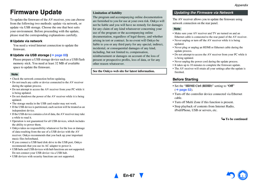 Onkyo HT-R758 instruction manual Firmware Update, En-67, Updating the Firmware via Network, Before Starting 