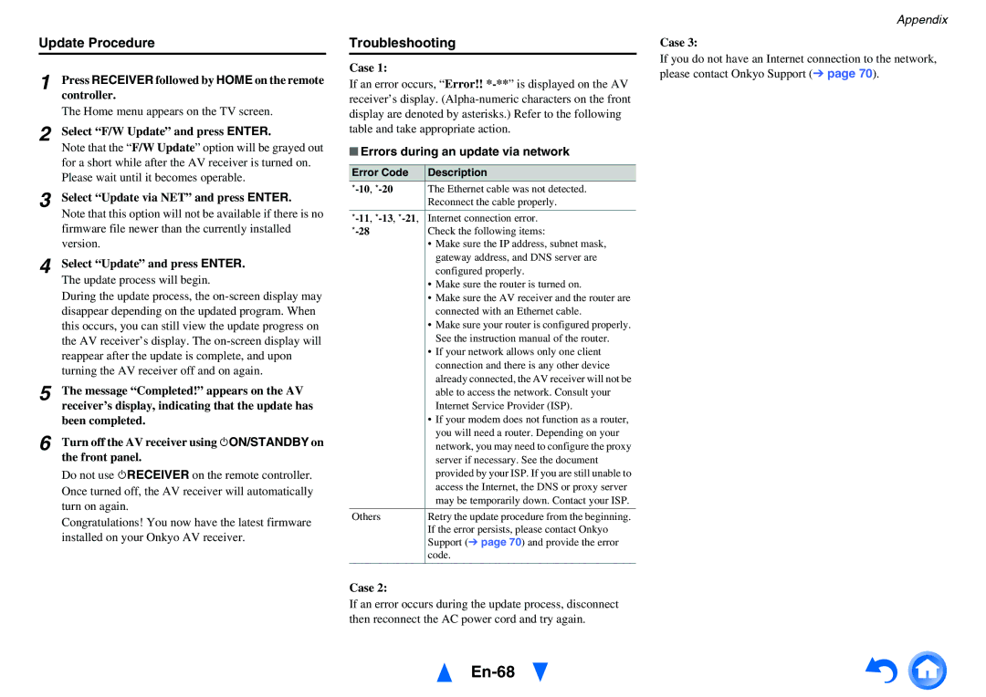 Onkyo HT-R758 instruction manual En-68, Update Procedure, Troubleshooting, Errors during an update via network 