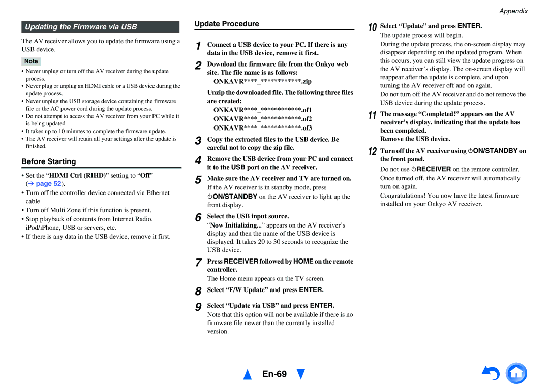 Onkyo HT-R758 instruction manual En-69, Updating the Firmware via USB 