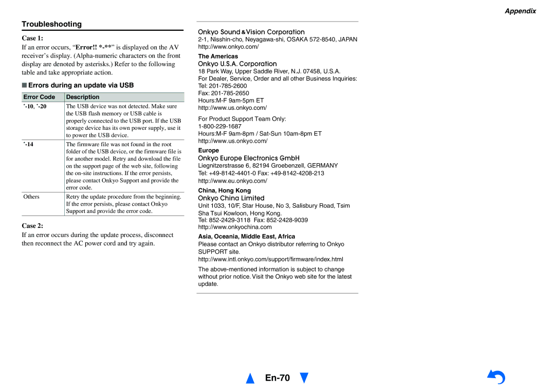 Onkyo HT-R758 instruction manual En-70, Errors during an update via USB 