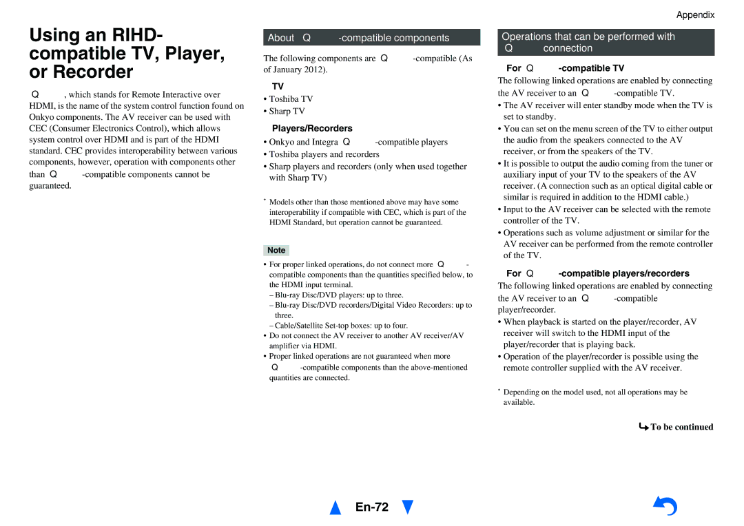 Onkyo HT-R758 instruction manual Using an RIHD- compatible TV, Player, or Recorder, En-72, About p-compatible components 