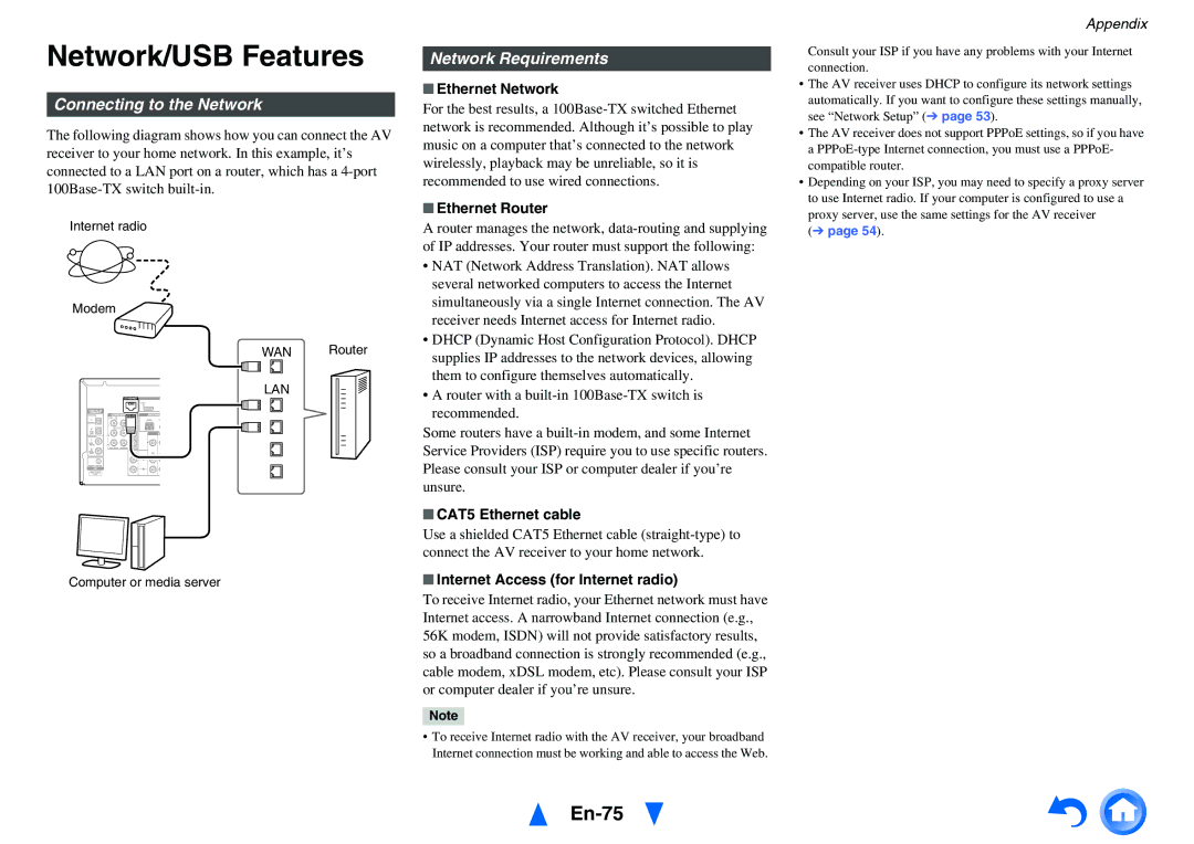 Onkyo HT-R758 instruction manual Network/USB Features, En-75, Connecting to the Network, Network Requirements 