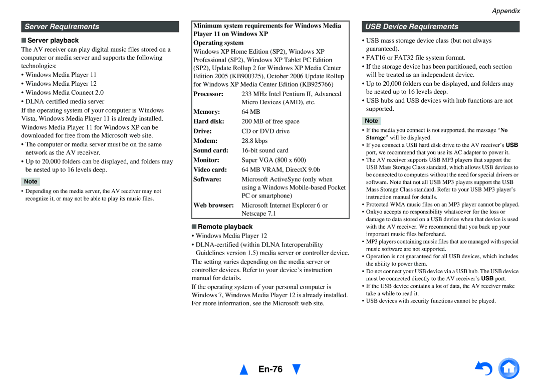 Onkyo HT-R758 instruction manual En-76, Server Requirements, USB Device Requirements, Server playback, Remote playback 