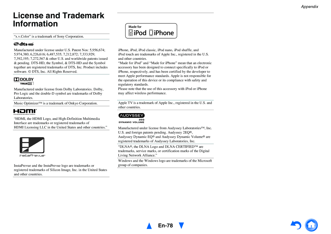 Onkyo HT-R758 instruction manual License and Trademark Information, En-78 