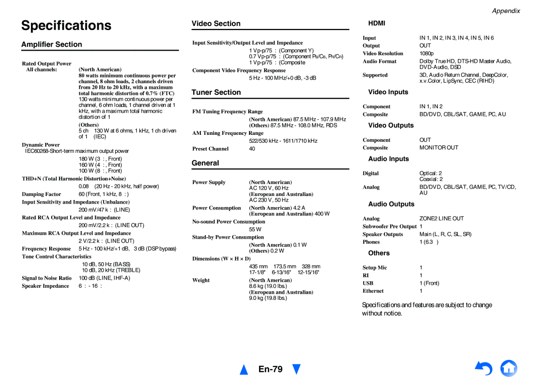 Onkyo HT-R758 instruction manual Specifications, En-79 