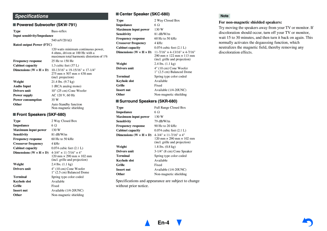 Onkyo HT-R758 instruction manual Specifications, Powered Subwoofer SKW-791, Front Speakers SKF-680, Center Speaker SKC-680 