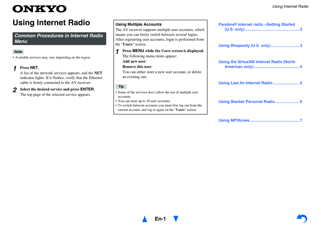 Onkyo HT-R758 instruction manual Using Internet Radio, Common Procedures in Internet Radio Menu, Using Multiple Accounts 