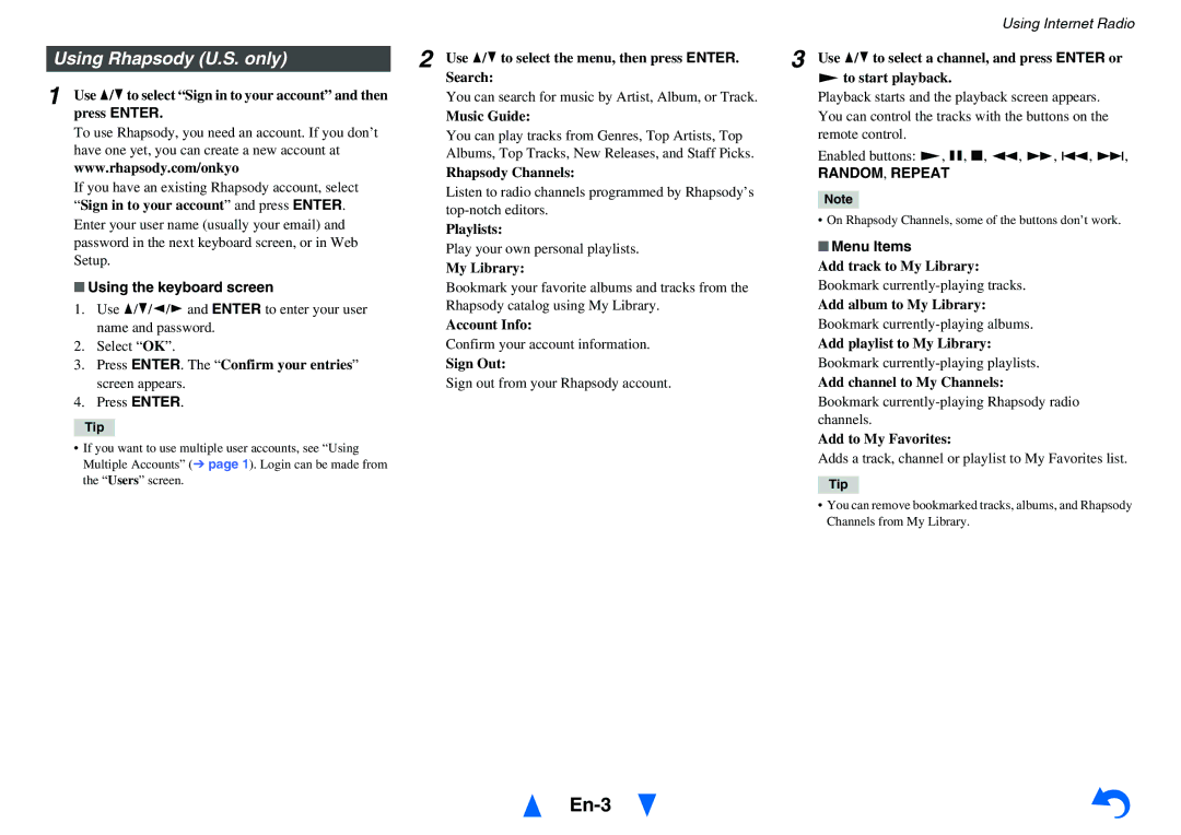 Onkyo HT-R758 instruction manual Using Rhapsody U.S. only, Using the keyboard screen 