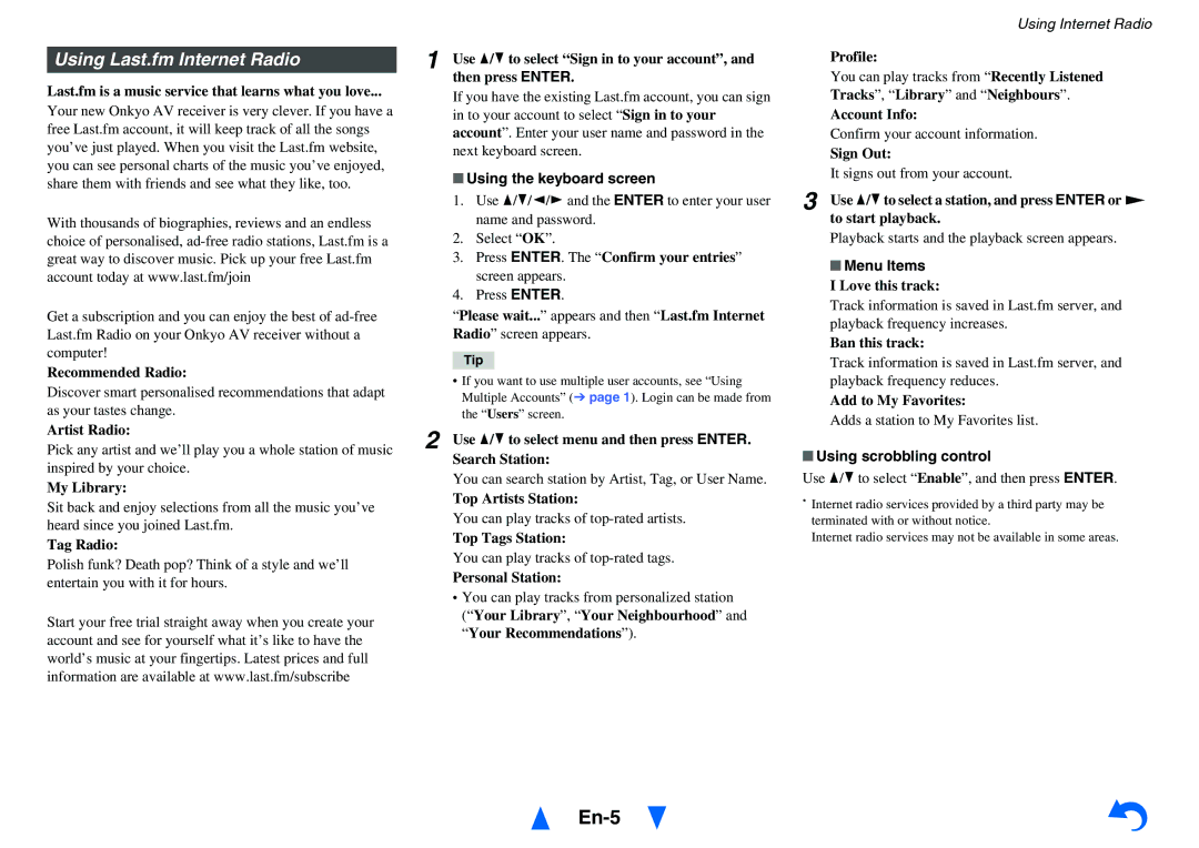 Onkyo HT-R758 instruction manual Using Last.fm Internet Radio, Using scrobbling control 