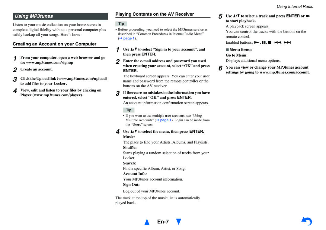 Onkyo HT-R758 instruction manual Using MP3tunes, Creating an Account on your Computer, Playing Contents on the AV Receiver 