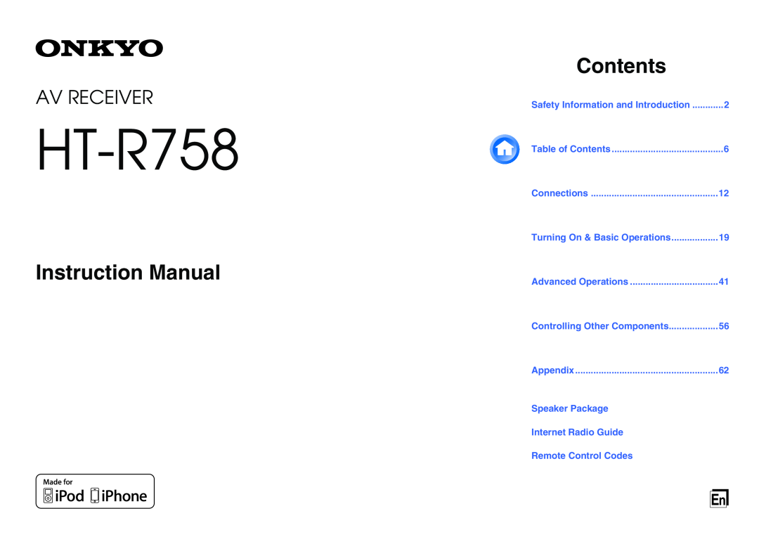 Onkyo HT-R758 instruction manual Instruction Manual, Contents, Av Receiver 