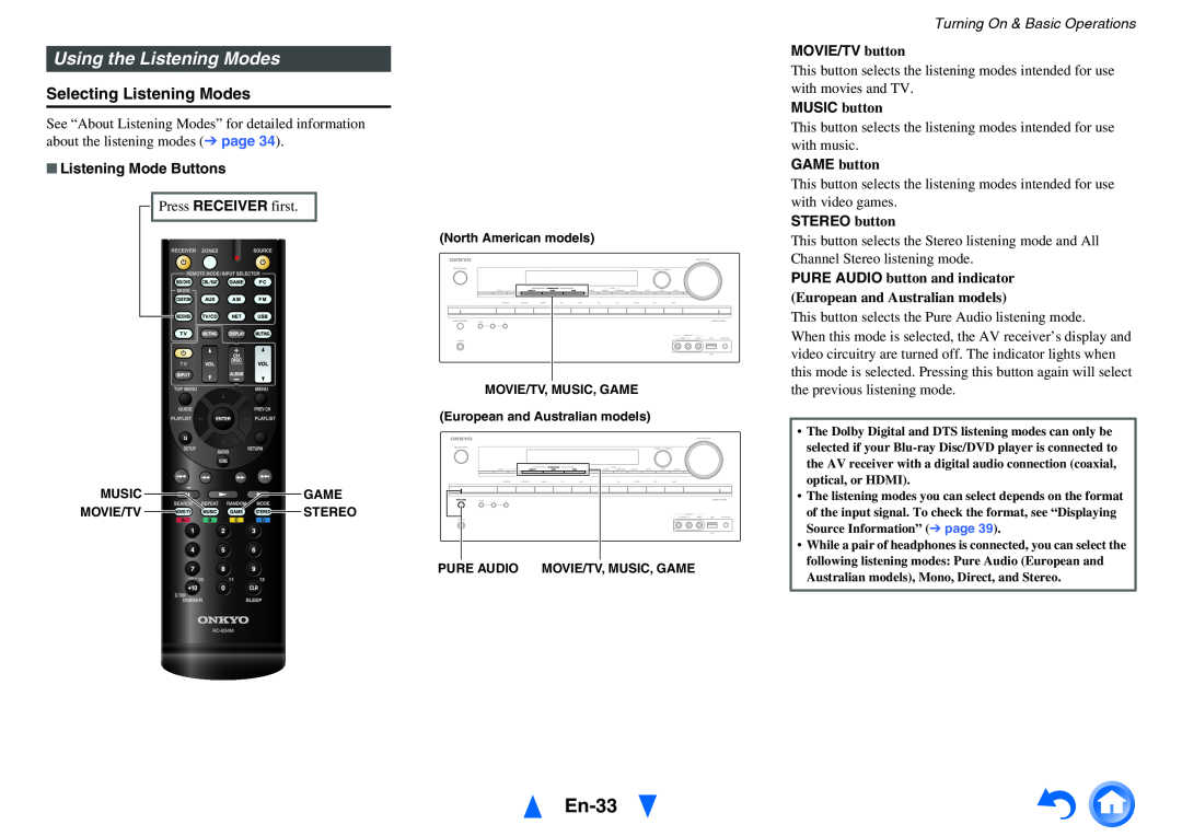 Onkyo HT-R758 En-33, Using the Listening Modes, Selecting Listening Modes, Listening Mode Buttons, MOVIE/TV button 