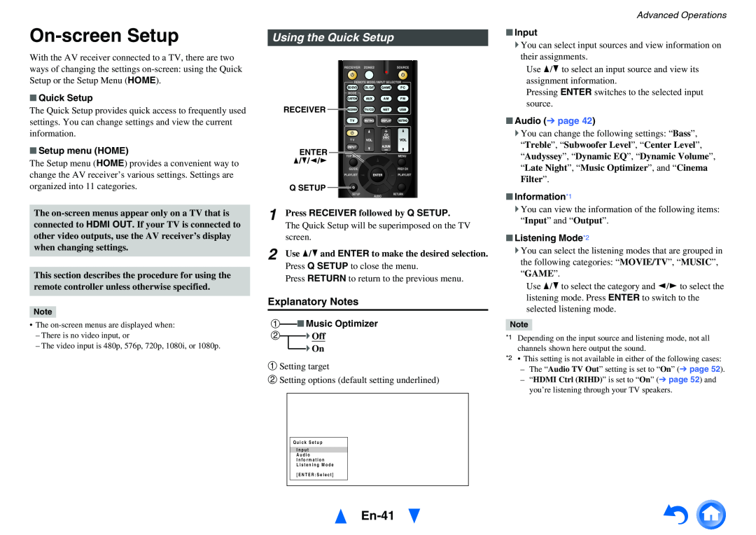 Onkyo HT-R758 On-screenSetup, En-41, Using the Quick Setup, Explanatory Notes, Setup menu HOME, a Music Optimizer, Input 