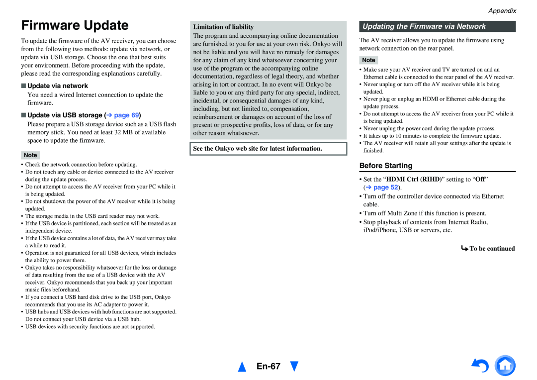Onkyo HT-R758 Firmware Update, En-67, Updating the Firmware via Network, Before Starting, Update via network, Appendix 