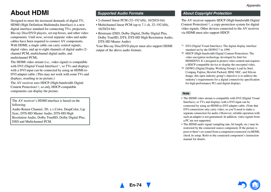 Onkyo HT-R758 instruction manual About HDMI, En-74, Supported Audio Formats, About Copyright Protection, Appendix 