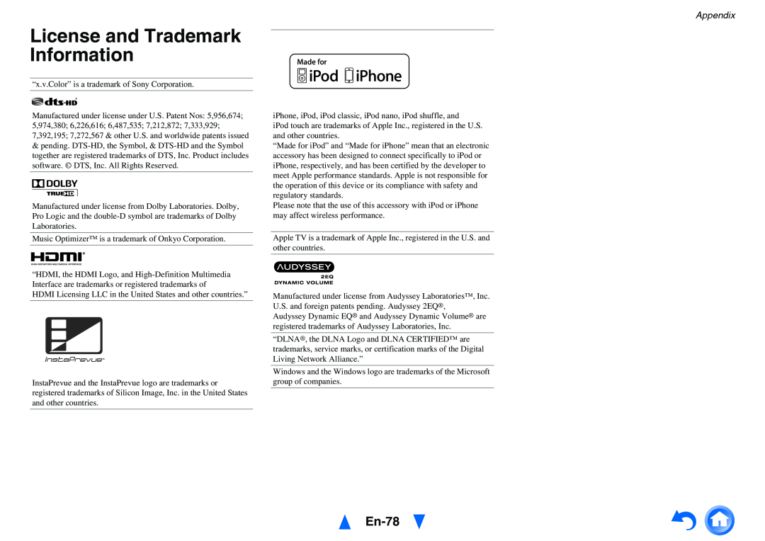 Onkyo HT-R758 instruction manual License and Trademark Information, En-78, Appendix 