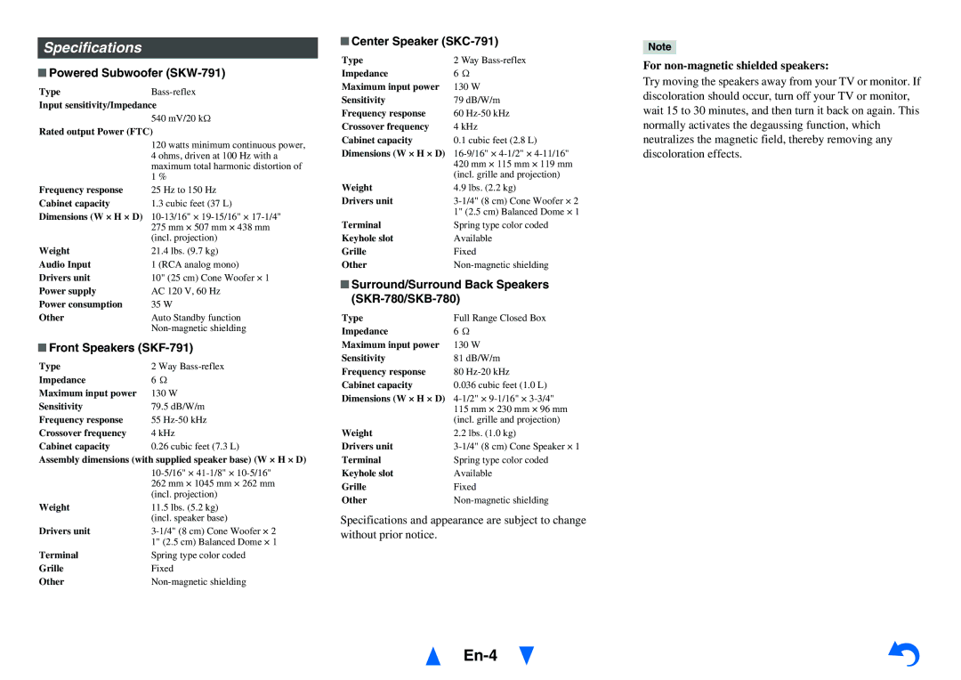 Onkyo HT-R791 instruction manual Specifications, Powered Subwoofer SKW-791, Front Speakers SKF-791, Center Speaker SKC-791 