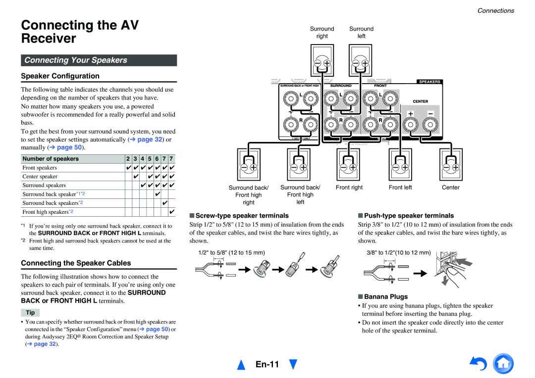 Onkyo HT-R791 instruction manual Connecting the AV Receiver, En-11, Connecting Your Speakers, Speaker Configuration 