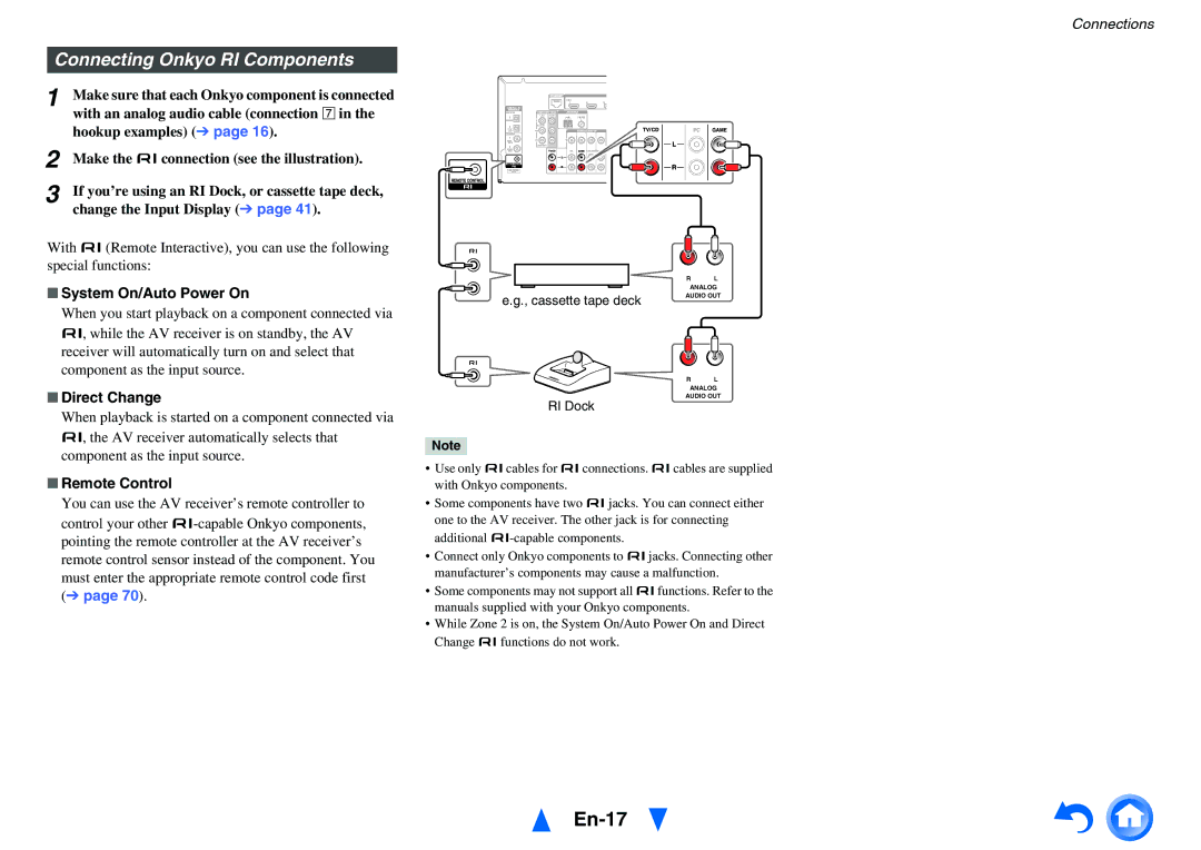 Onkyo HT-R791 En-17, Connecting Onkyo RI Components, System On/Auto Power On, Direct Change, Remote Control 