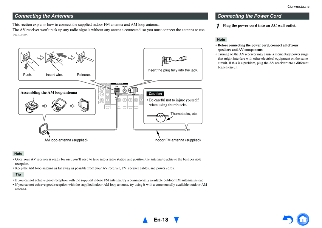 Onkyo HT-R791 En-18, Connecting the Antennas, Connecting the Power Cord, Plug the power cord into an AC wall outlet 