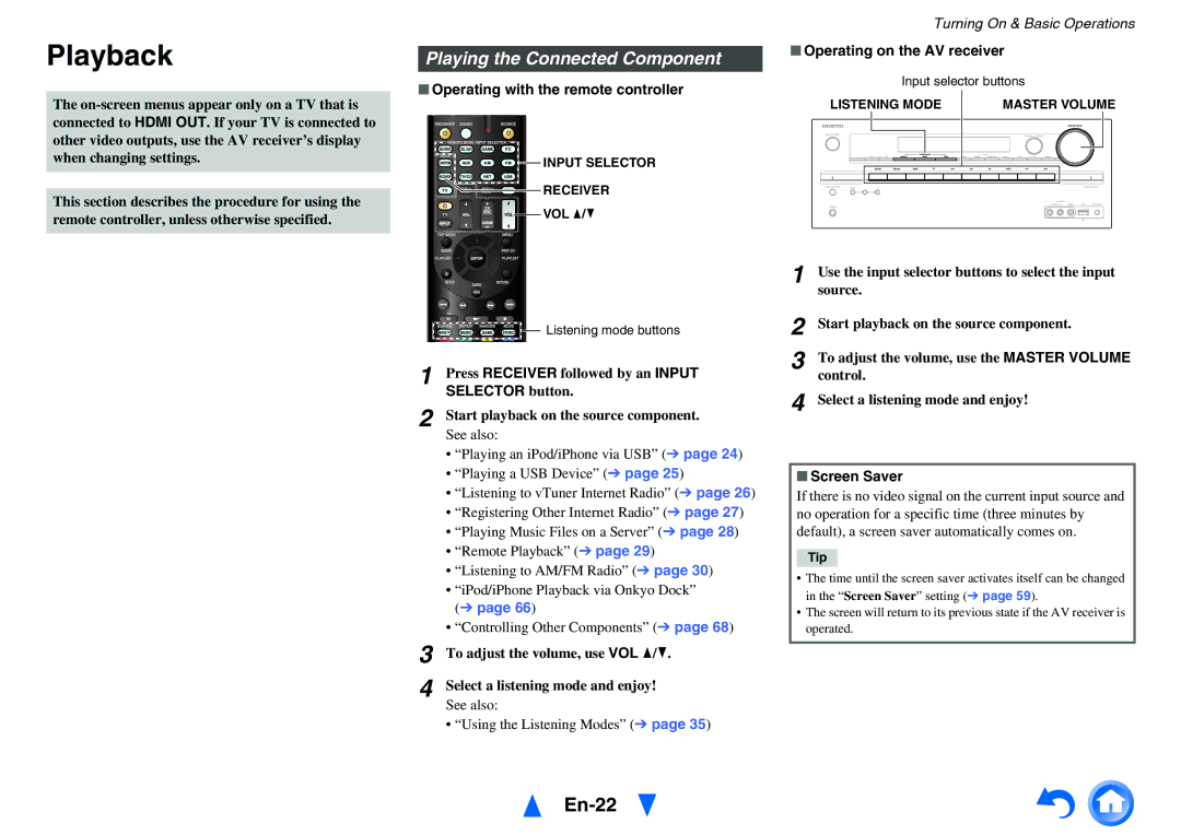 Onkyo HT-R791 instruction manual Playback, En-22, Playing the Connected Component 