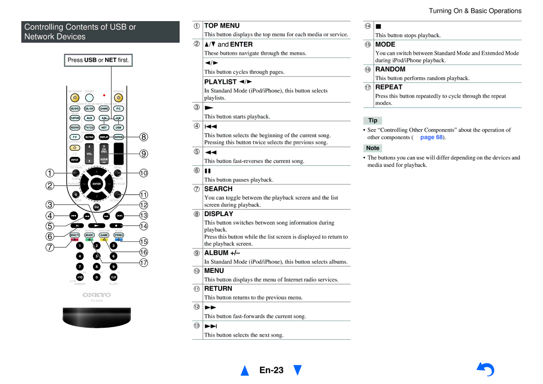 Onkyo HT-R791 instruction manual En-23, Controlling Contents of USB or Network Devices 