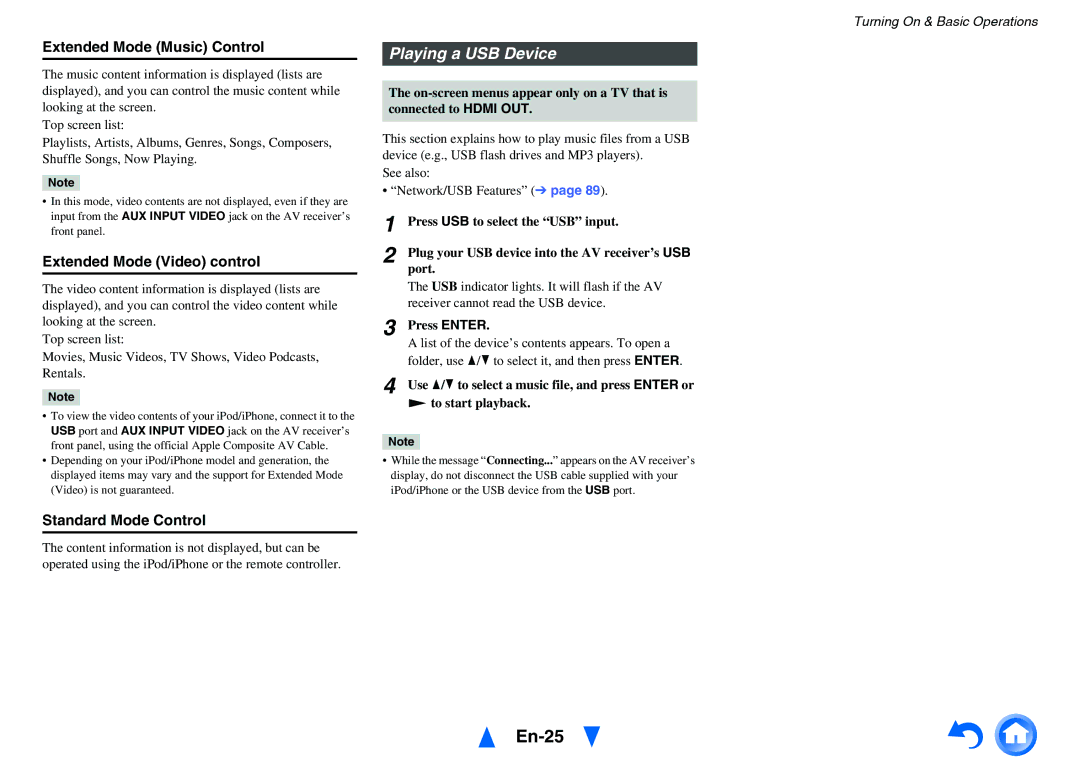 Onkyo HT-R791 En-25, Playing a USB Device, Extended Mode Music Control, Extended Mode Video control, Standard Mode Control 