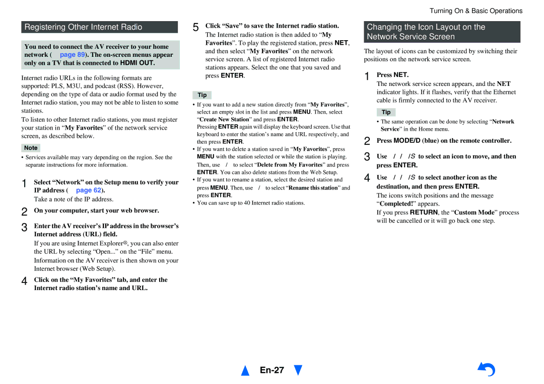Onkyo HT-R791 En-27, Registering Other Internet Radio, Changing the Icon Layout on the Network Service Screen 