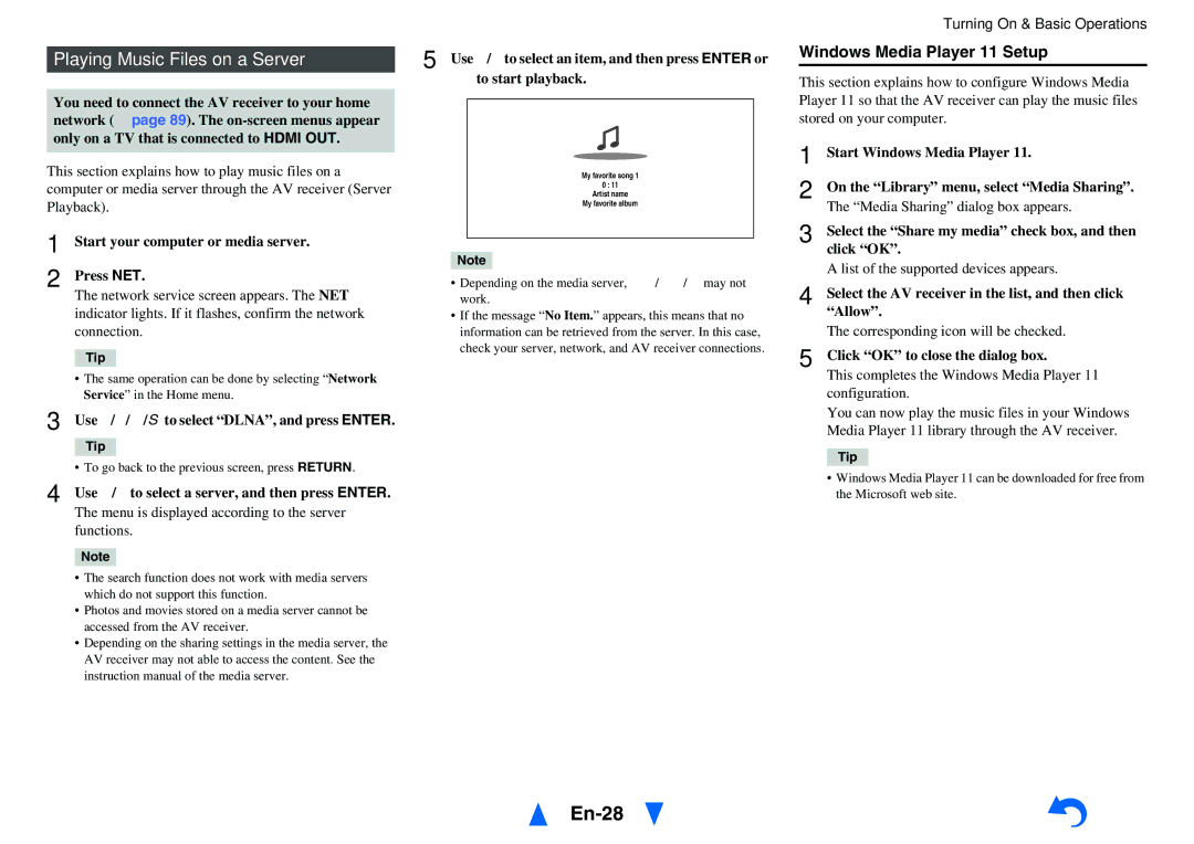 Onkyo HT-R791 instruction manual En-28, Playing Music Files on a Server, Windows Media Player 11 Setup 