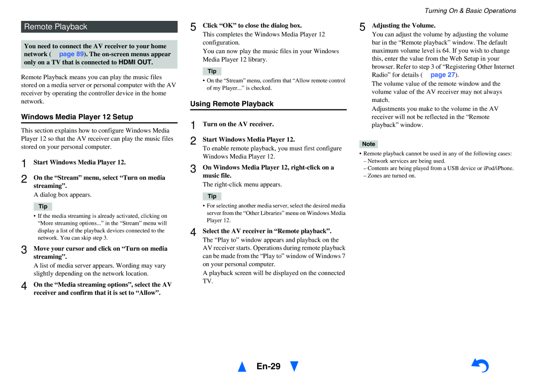 Onkyo HT-R791 instruction manual En-29, Windows Media Player 12 Setup, Using Remote Playback 