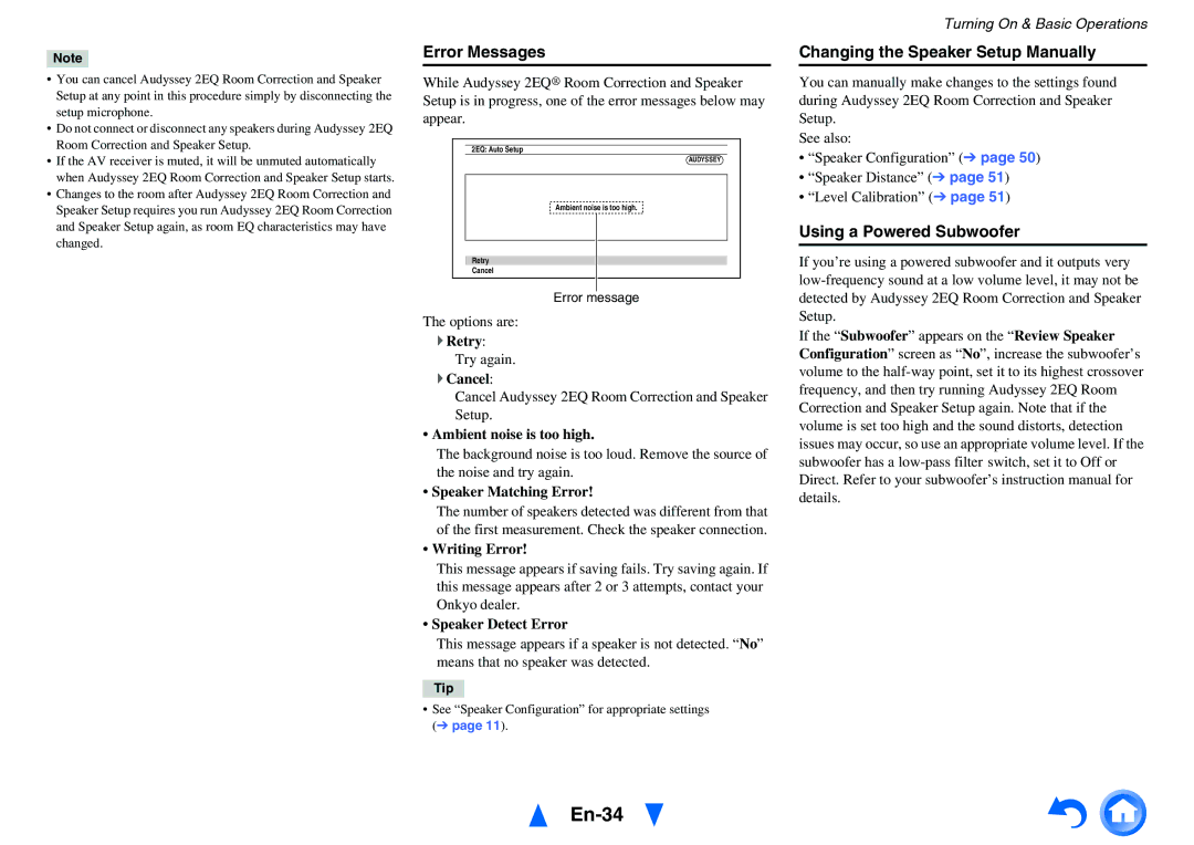 Onkyo HT-R791 instruction manual En-34, Error Messages, Changing the Speaker Setup Manually, Using a Powered Subwoofer 