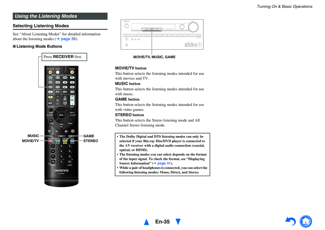 Onkyo HT-R791 instruction manual En-35, Using the Listening Modes, Selecting Listening Modes 