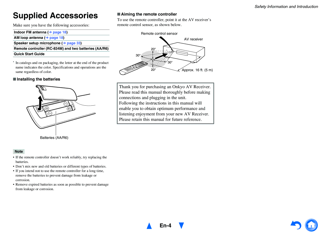 Onkyo HT-R791 Supplied Accessories, En-4, Make sure you have the following accessories, Installing the batteries 