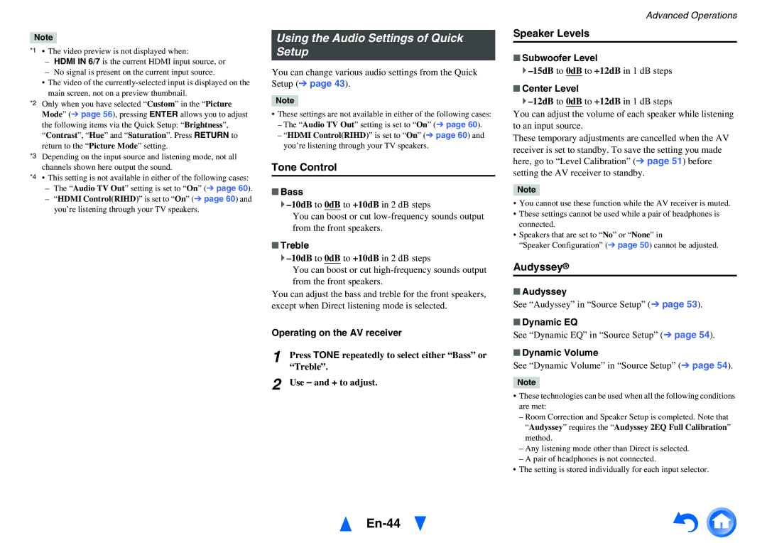 Onkyo HT-R791 instruction manual En-44, Using the Audio Settings of Quick Setup, Tone Control, Speaker Levels, Audyssey 