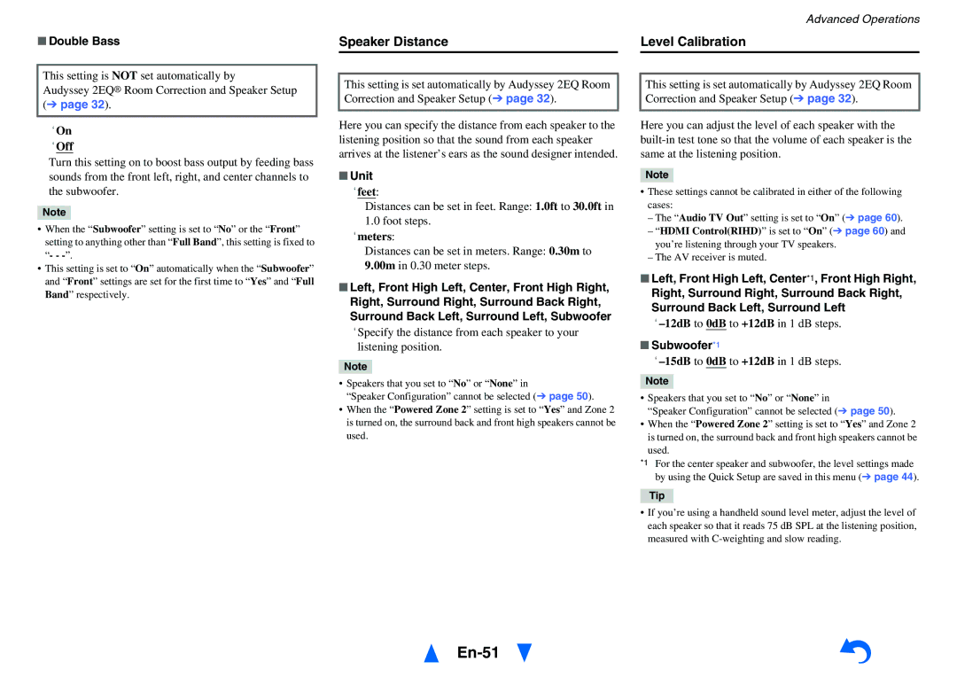 Onkyo HT-R791 instruction manual En-51, Speaker Distance Level Calibration, Double Bass, Unit, Subwoofer*1 