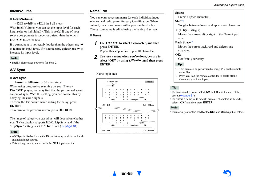 Onkyo HT-R791 instruction manual En-55, IntelliVolume, Sync, Name Edit 