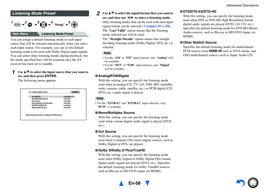 Onkyo HT-R791 instruction manual En-58, Listening Mode Preset 