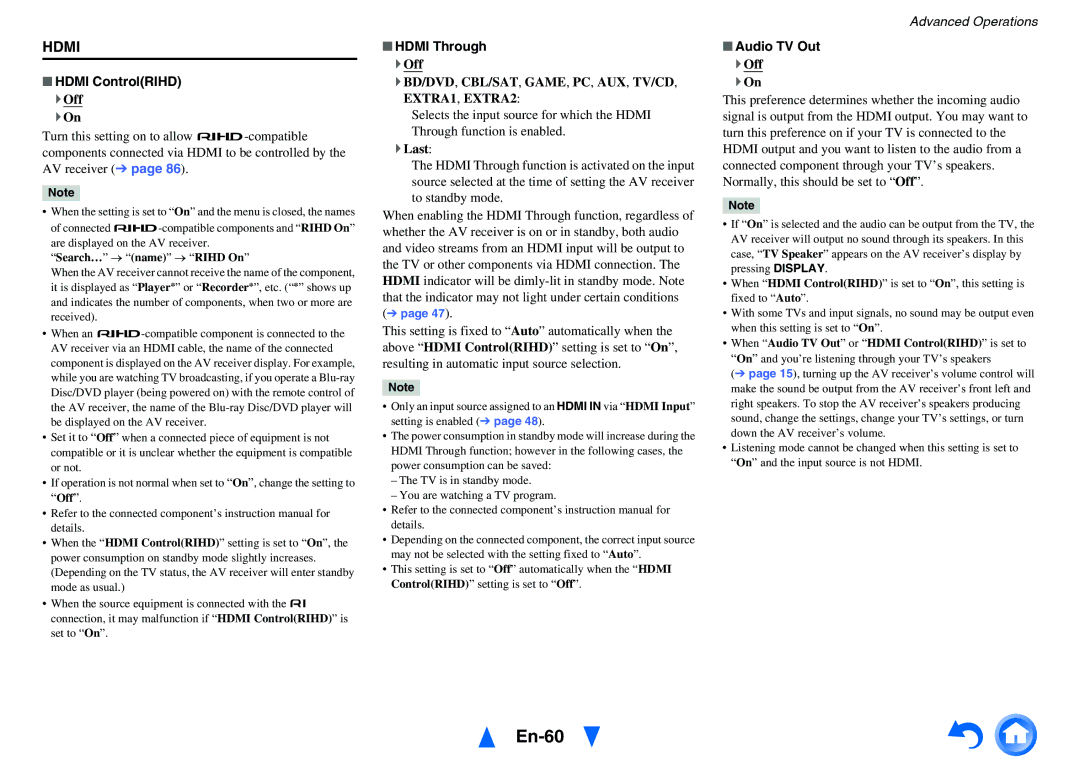Onkyo HT-R791 instruction manual En-60, Hdmi ControlRIHD, Hdmi Through, ` Last, Audio TV Out 