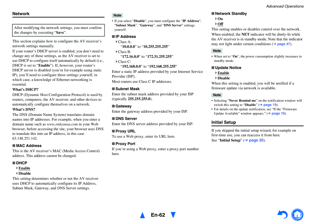 Onkyo HT-R791 instruction manual En-62, Network, Initial Setup 